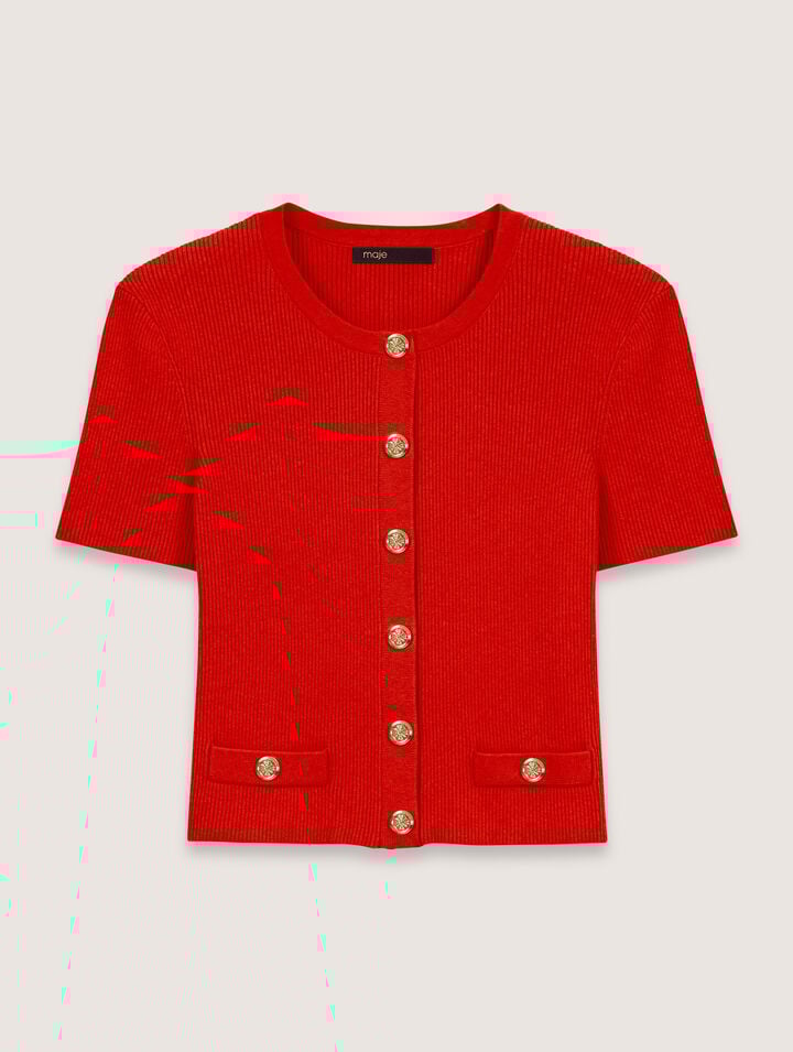 Maje Cropped Cardigan With Gold Buttons In Red