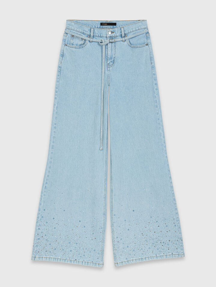 Wide-leg rhinestone jeans