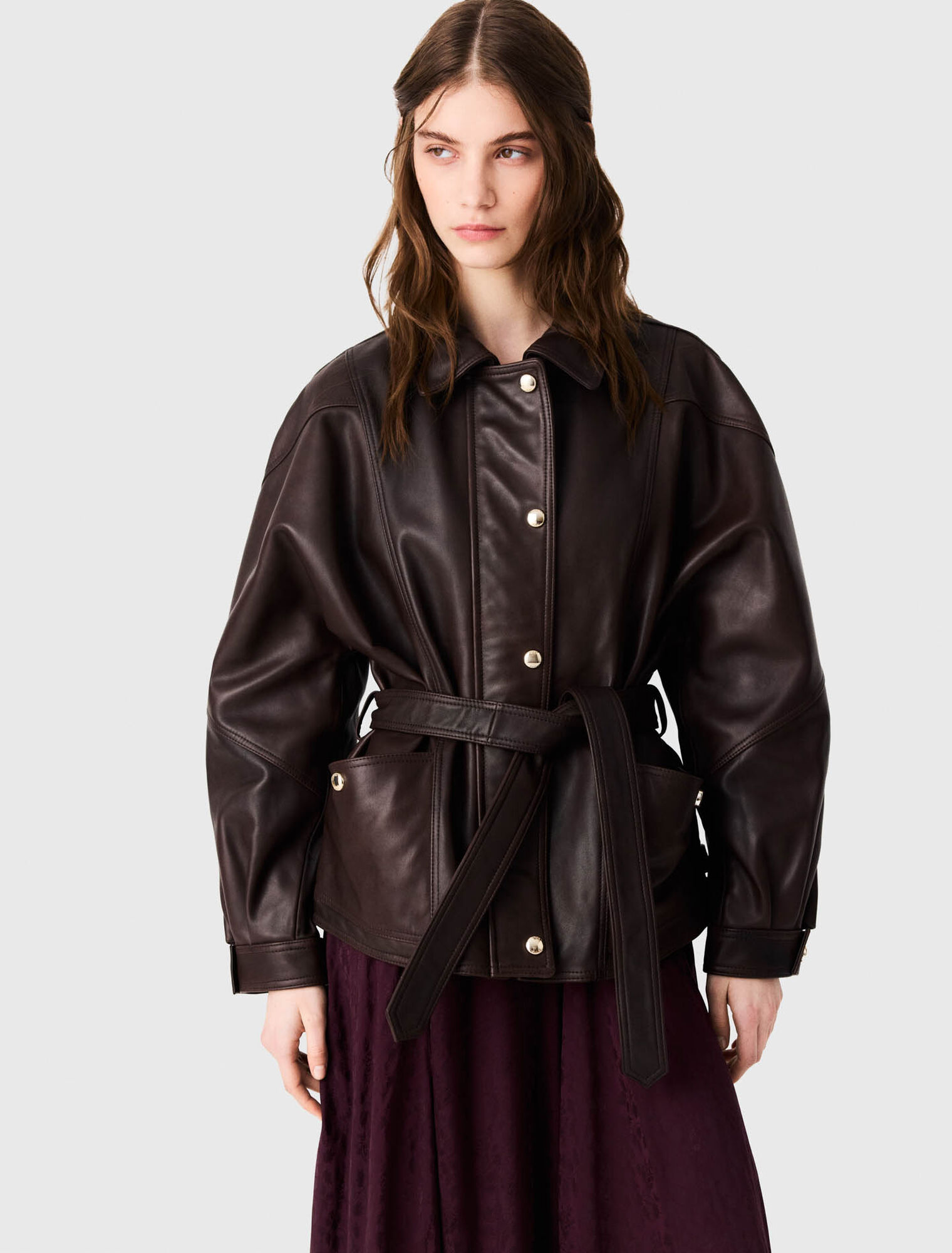 Oversize gold-button leather jacket