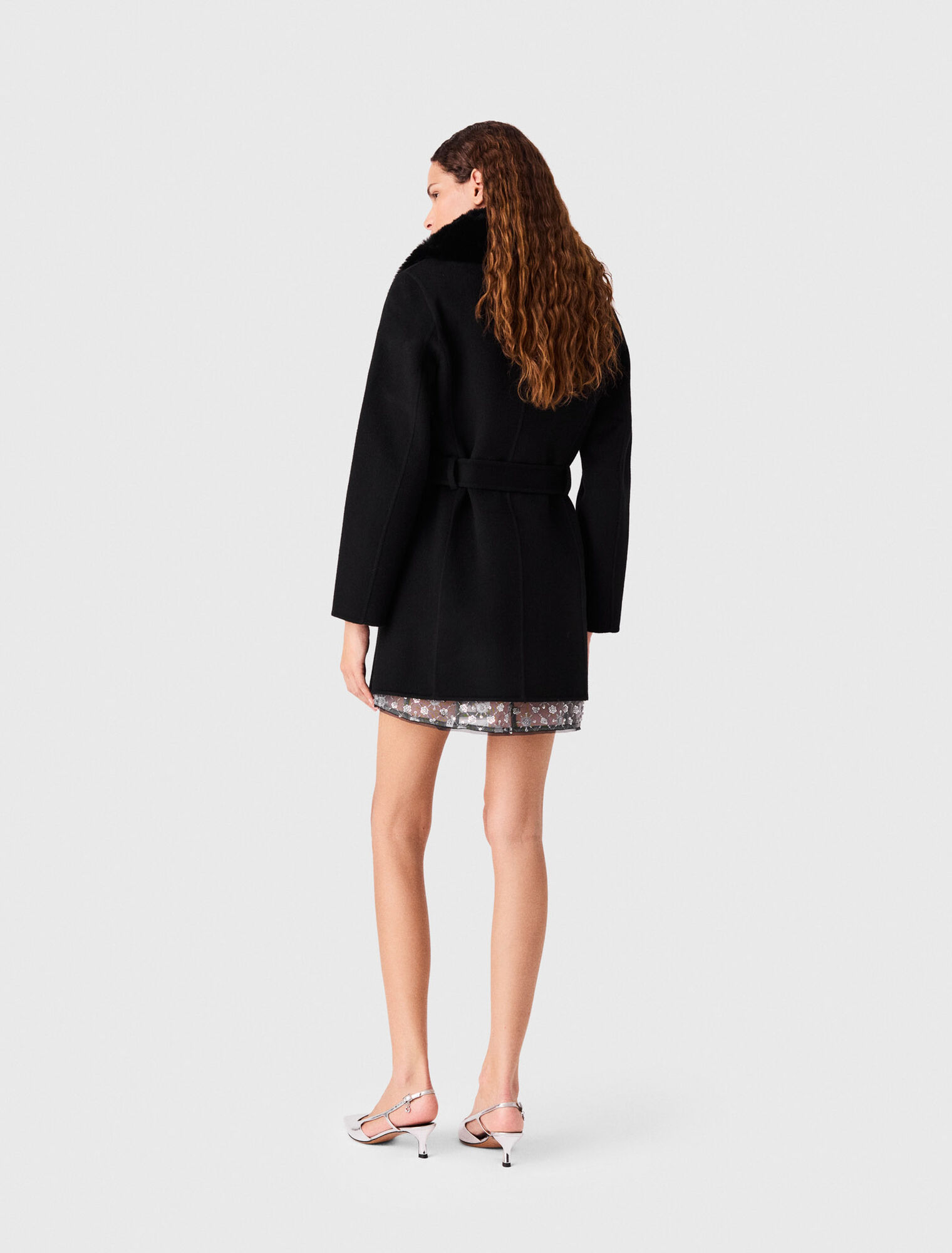 Long coat with faux fur collar