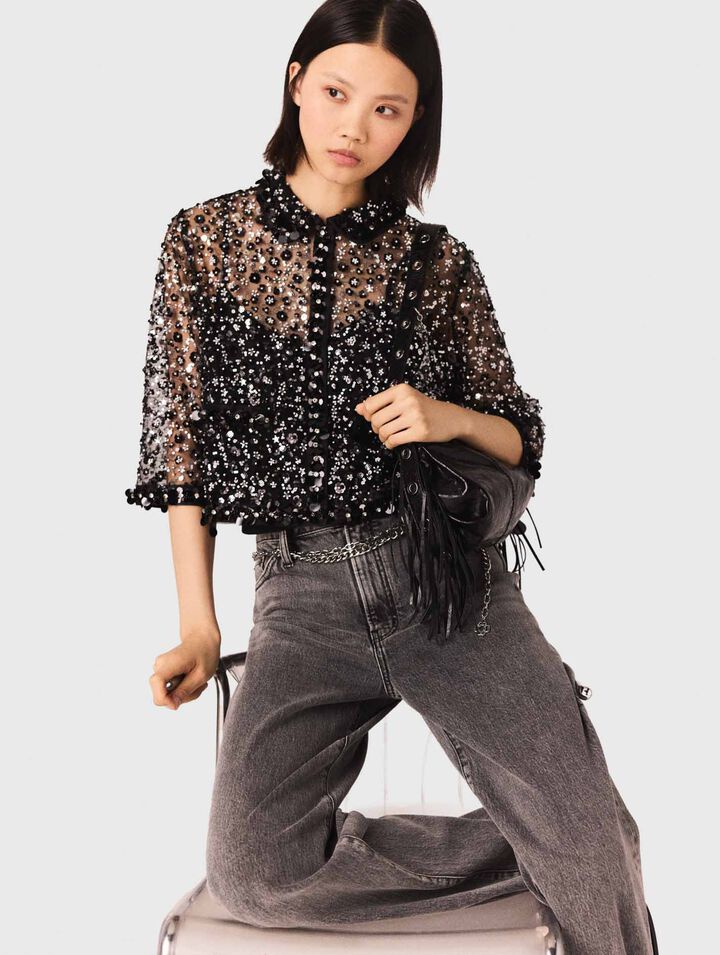 Floral rhinestone polo