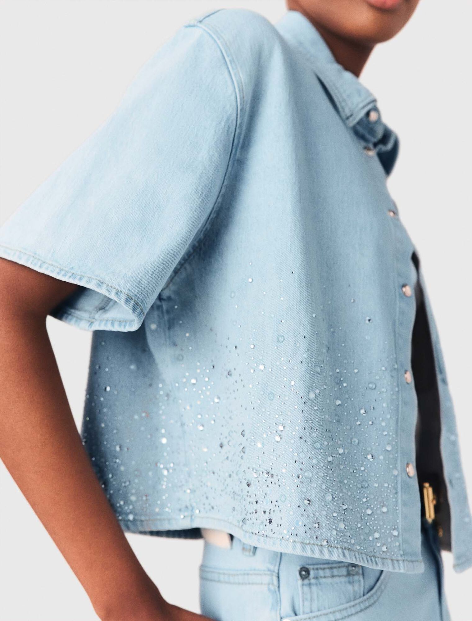 Cropped rhinestone denim shirt