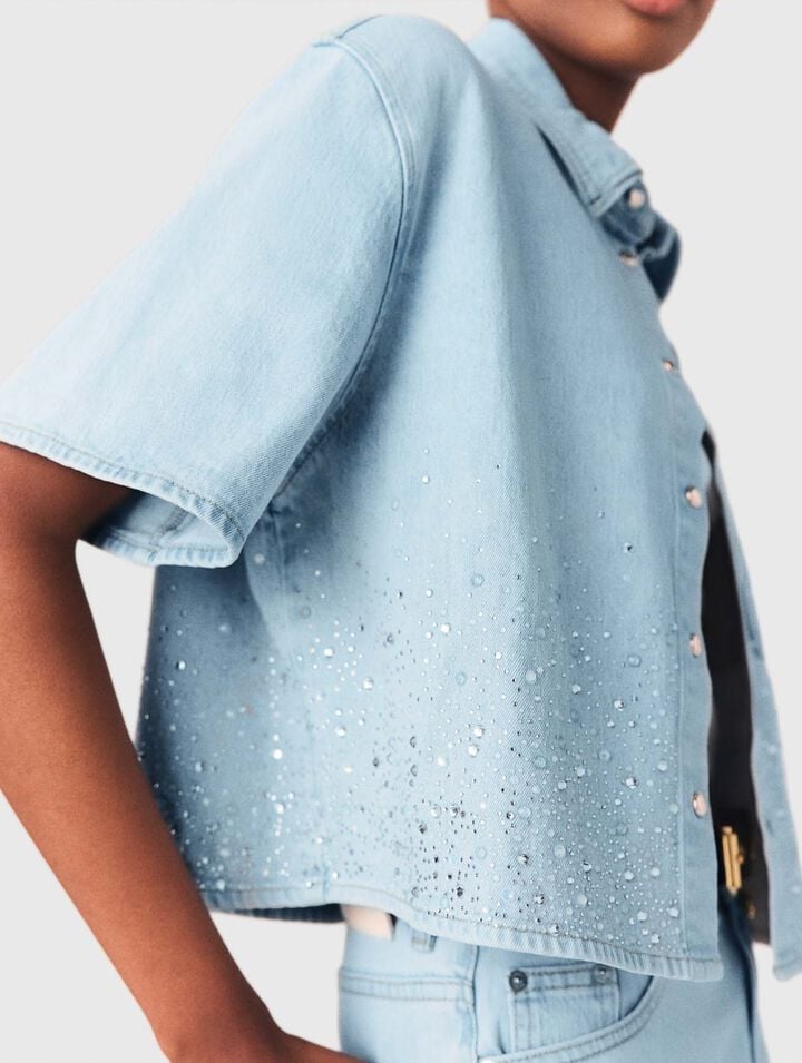 Cropped rhinestone denim shirt