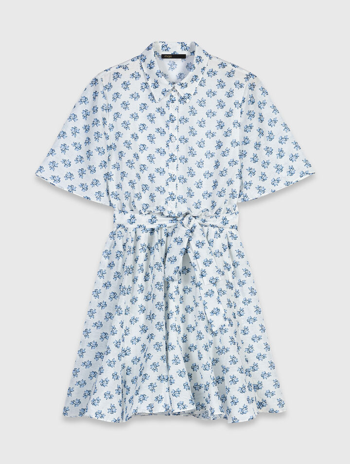 Short patterned linen-blend dress