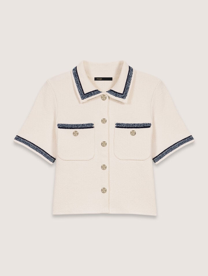 Maje Cropped Contrasting Trim Cardigan In Ecru