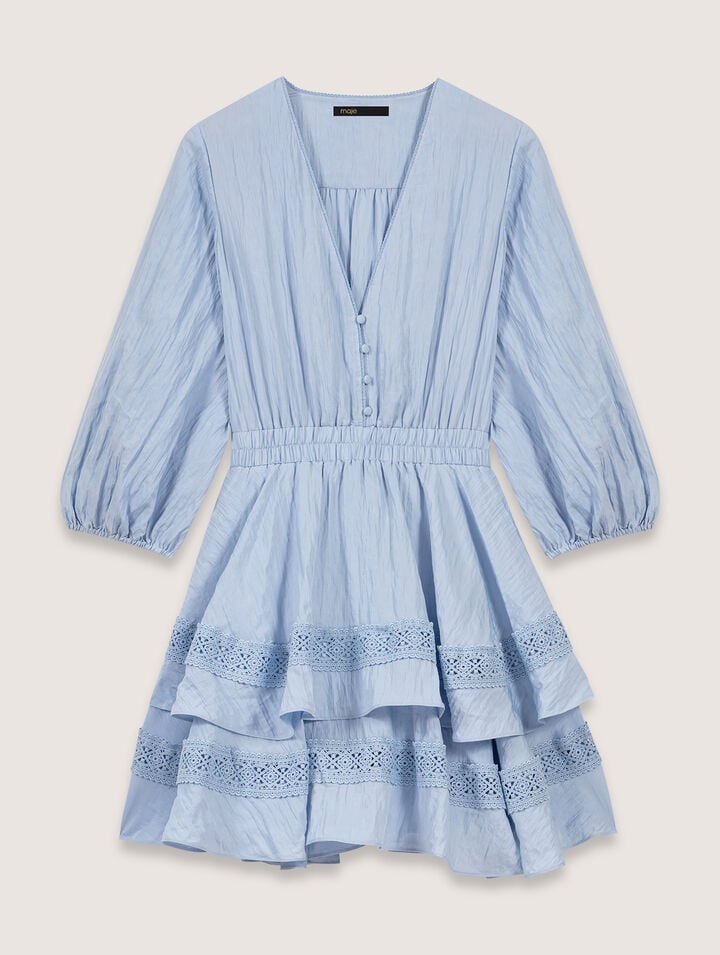 Maje Dress With Ruffles And Lace Details In Blue Sky