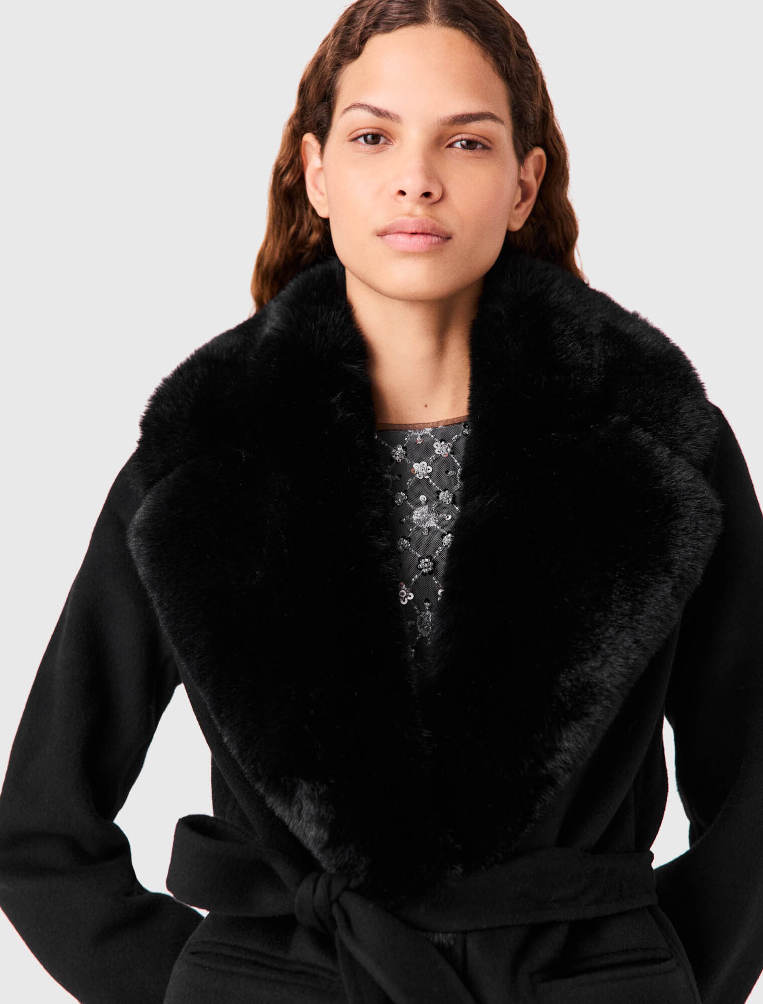 Long coat with faux fur collar