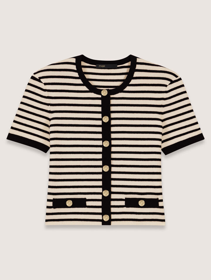 Maje Striped Short-sleeve Cardigan In Ecru/navy Blue