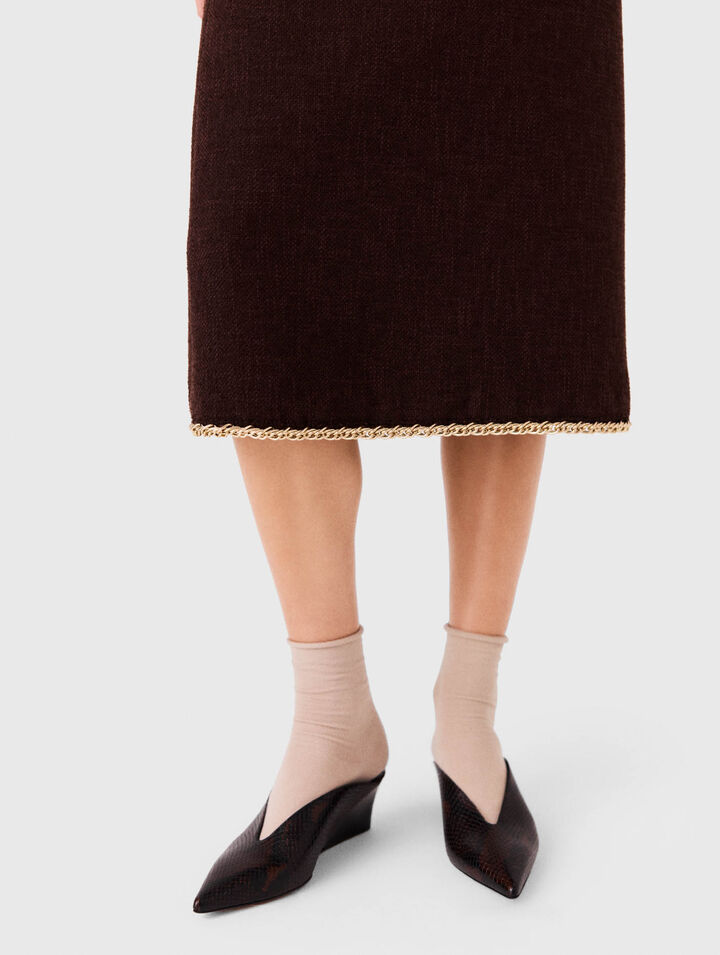 Tweed midi skirt with chain trim