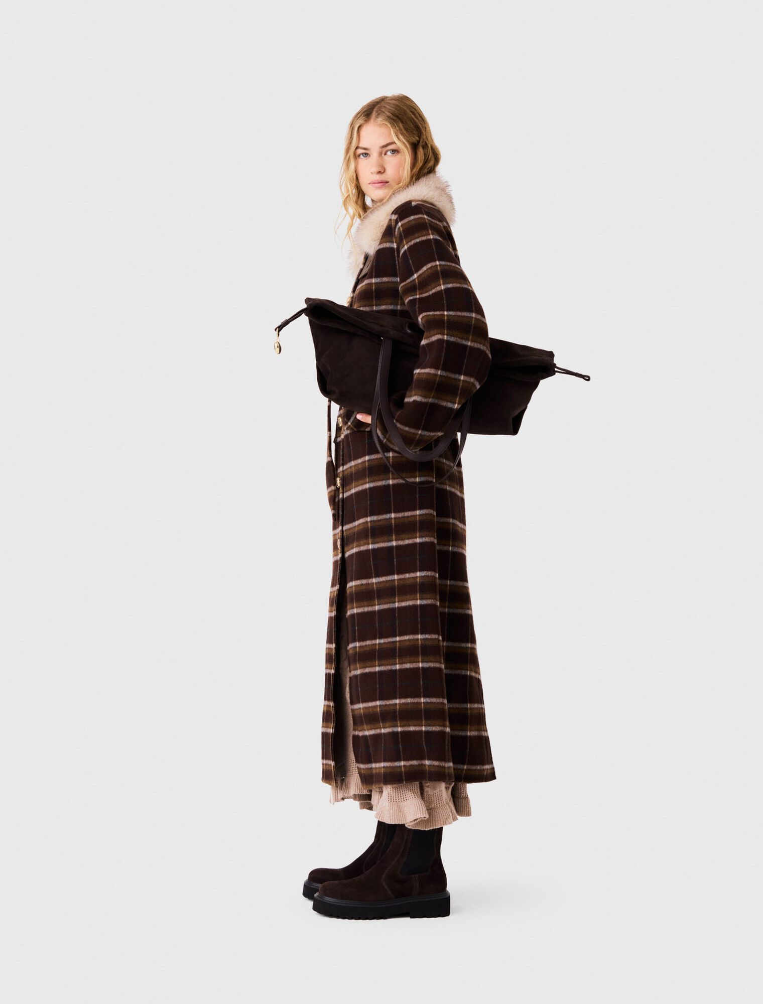 Long coat with faux fur collar