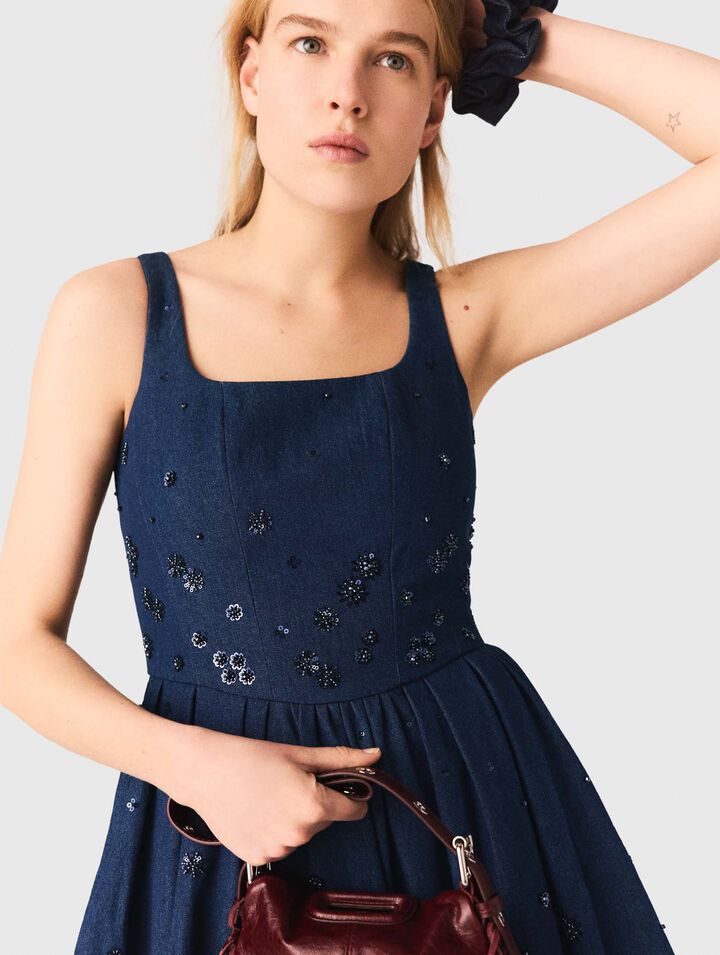 Flared embroidered denim dress