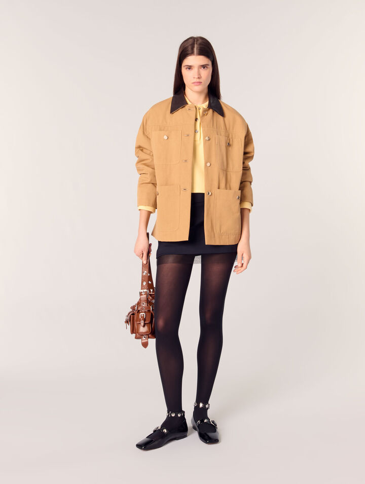 Cotton coat with leather collar