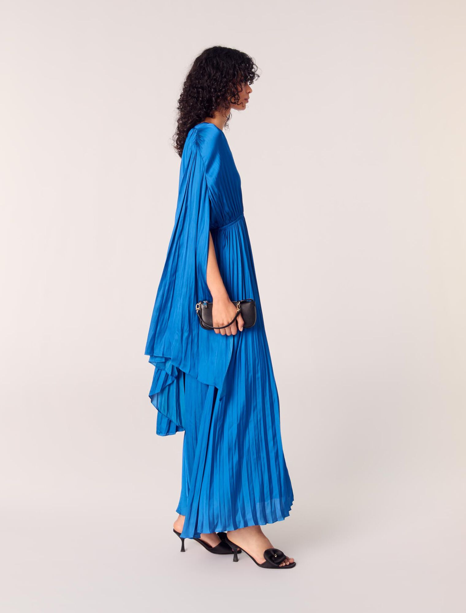 Pleated satin cape maxi dress