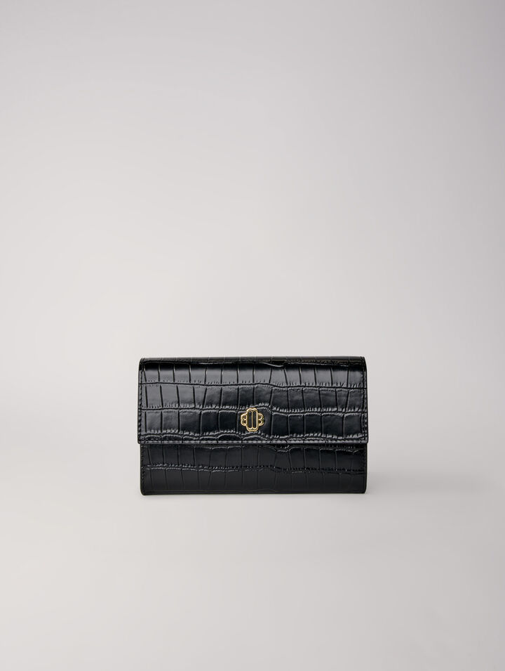 Croc-effect embossed leather clutch