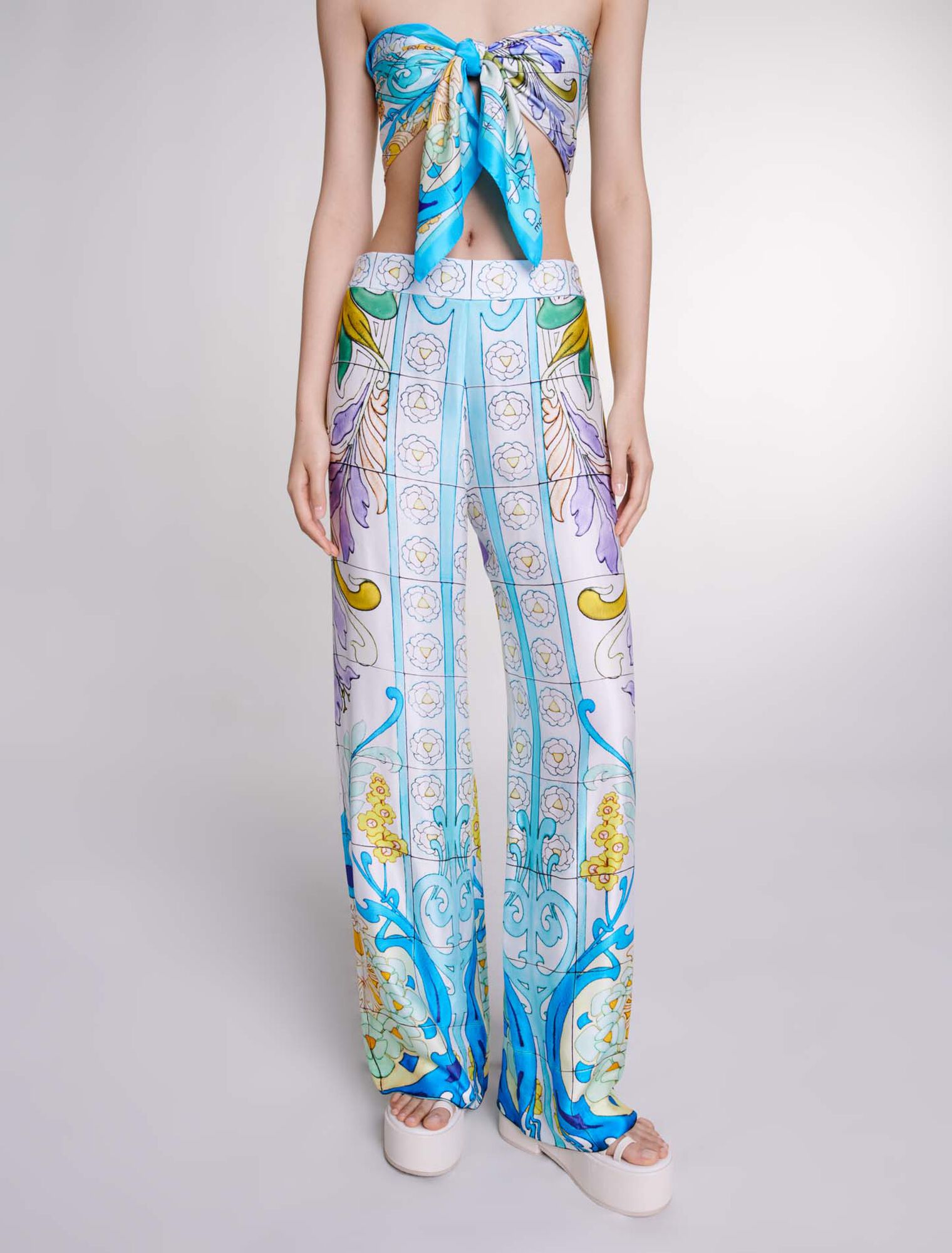 Patterned satin-effect trousers
