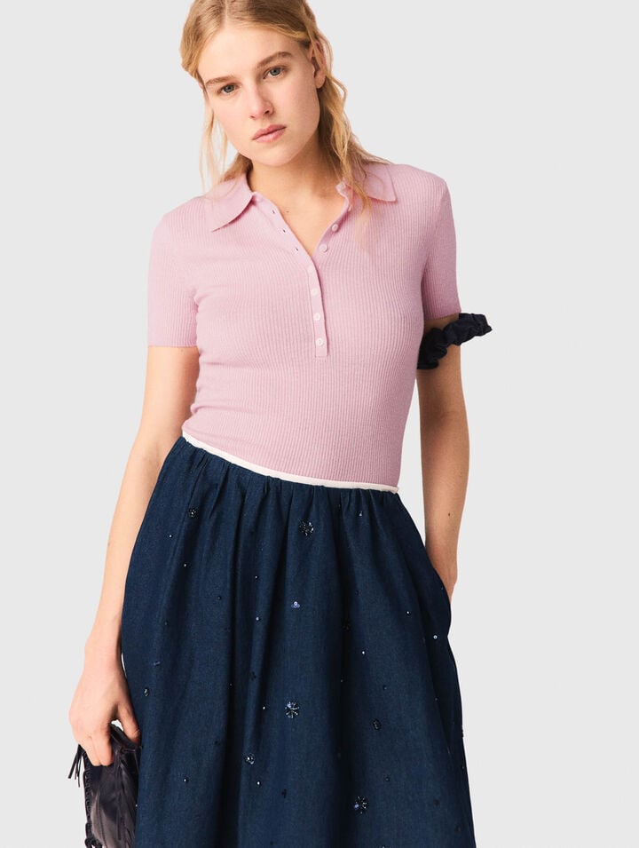 Embroidered denim midi skirt