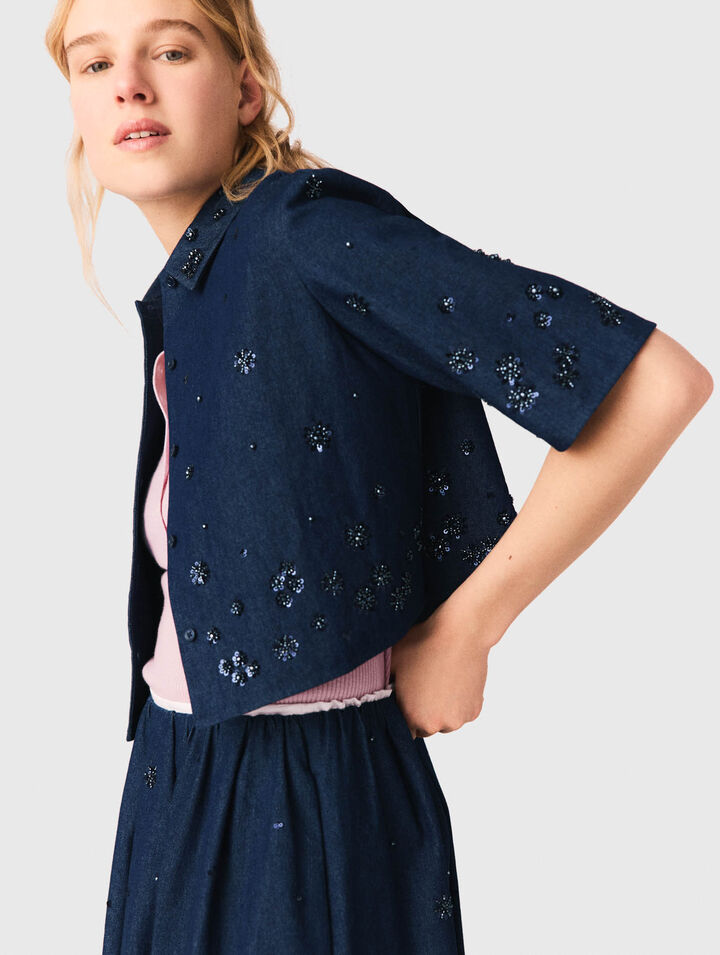 Embroidered cropped denim shirt