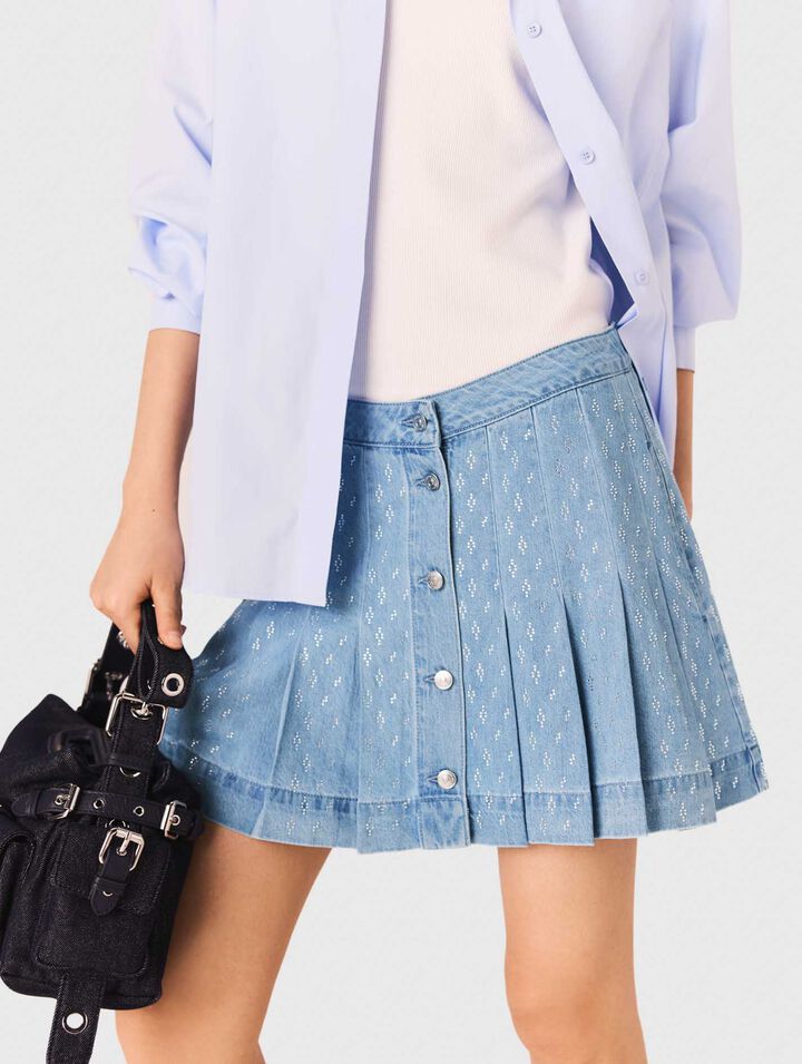 Rhinestone pleated denim skirt