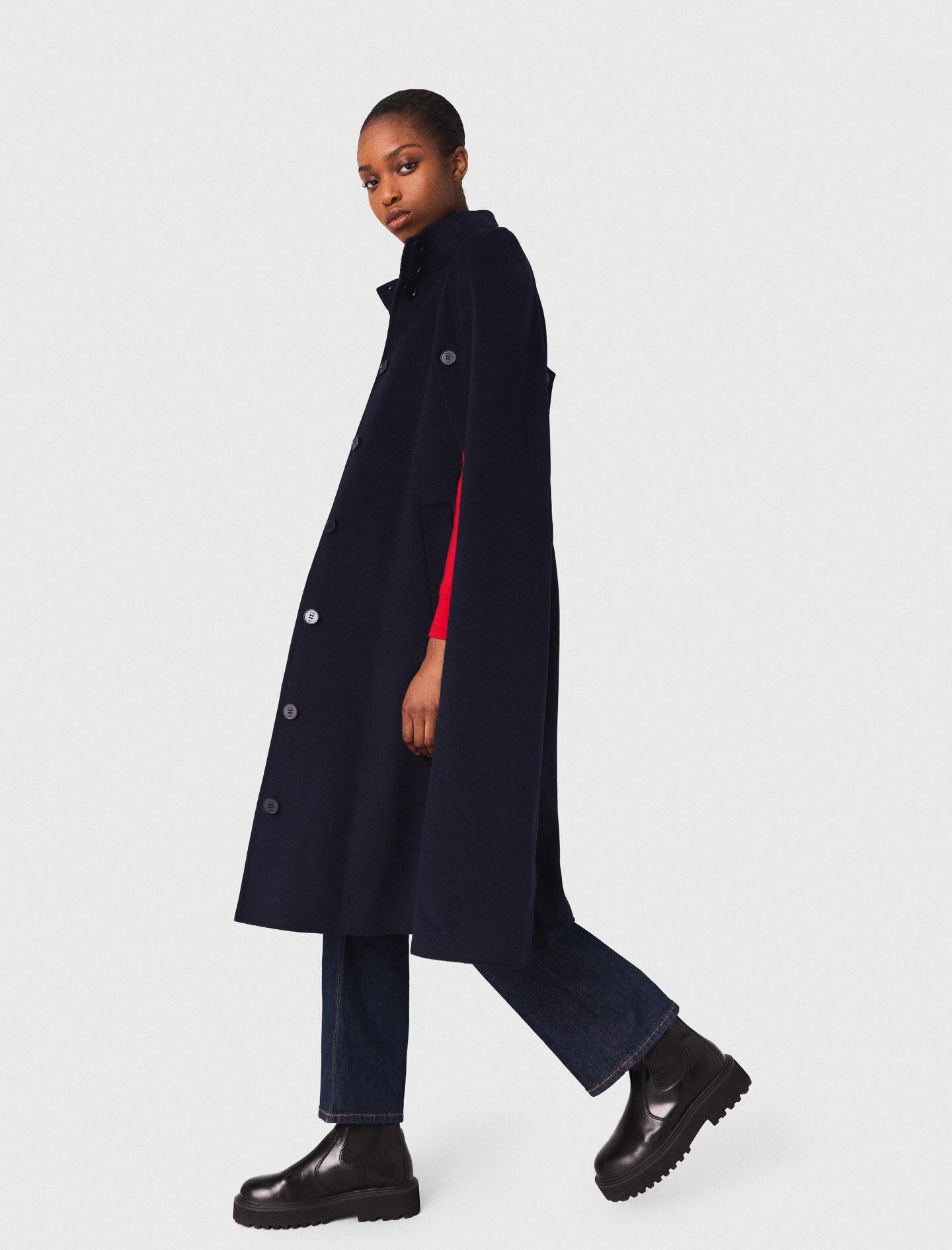 【YENN】DOUBLE FACE CAPE JACKET Long double-faced coat with cape Blue for Women | Maje