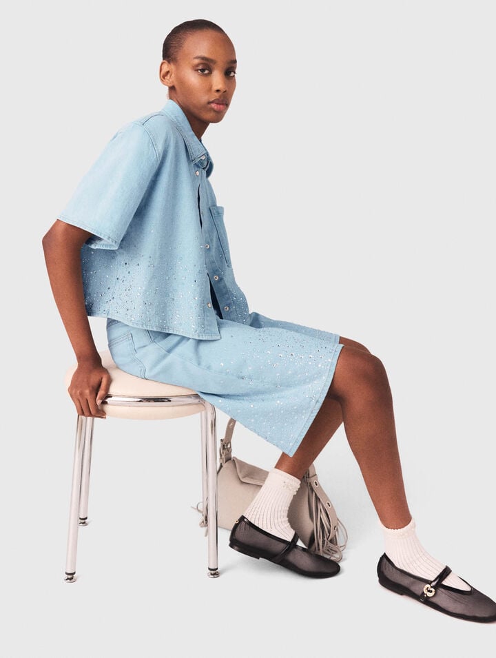 Cropped rhinestone denim shirt