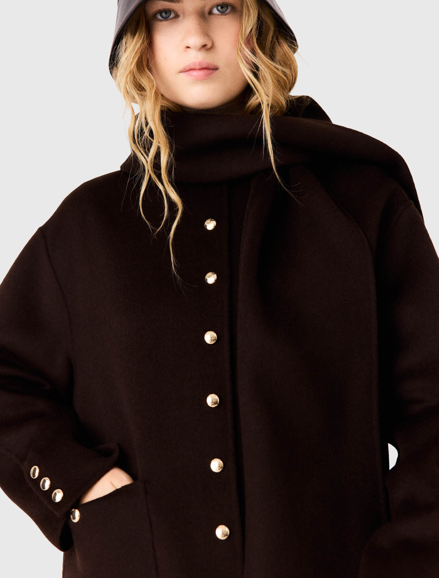 Wool coat with removable scarf
