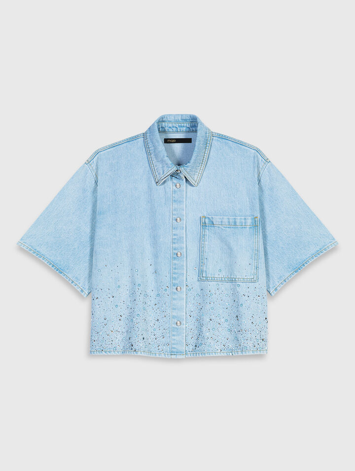 Cropped rhinestone denim shirt