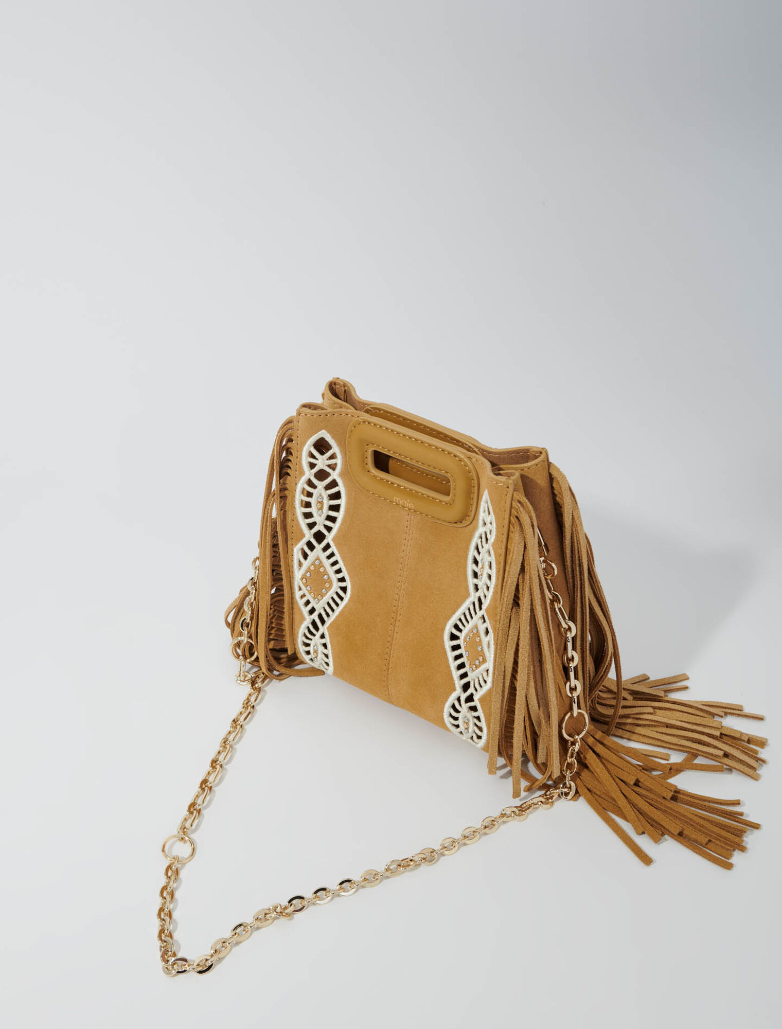 Embroidered suede fringed M mini bag