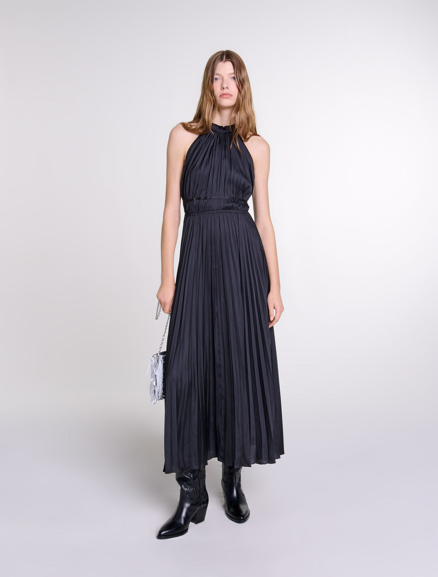 Pleated satin maxi dress