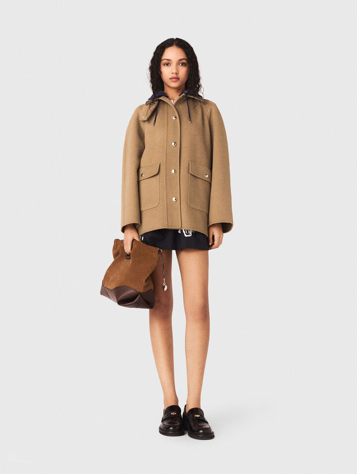 Wool coat with removable hood