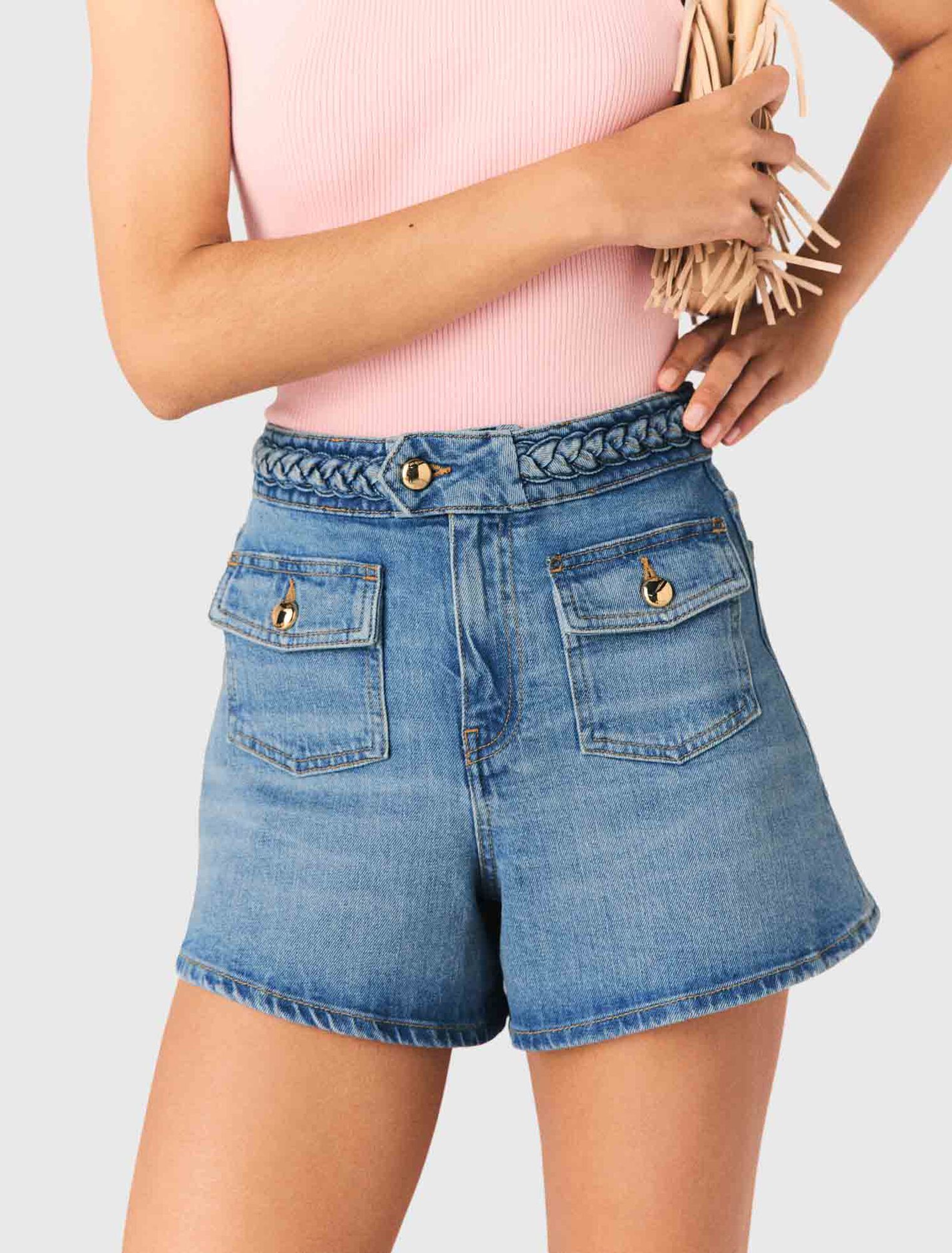 Braided denim shorts