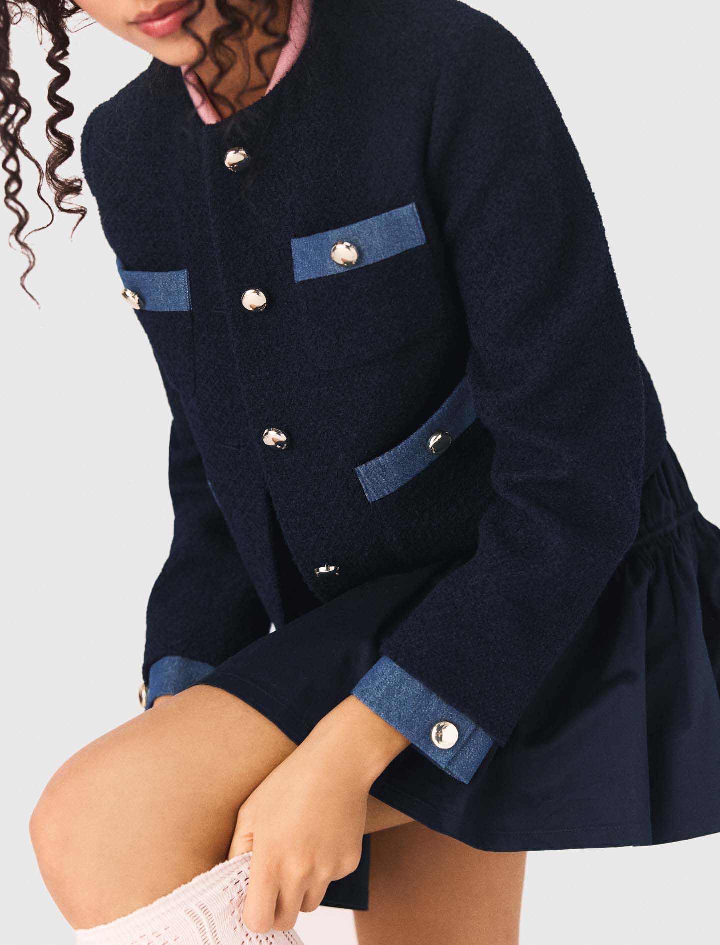Tweed jacket with denim trim Navy for Women | Maje