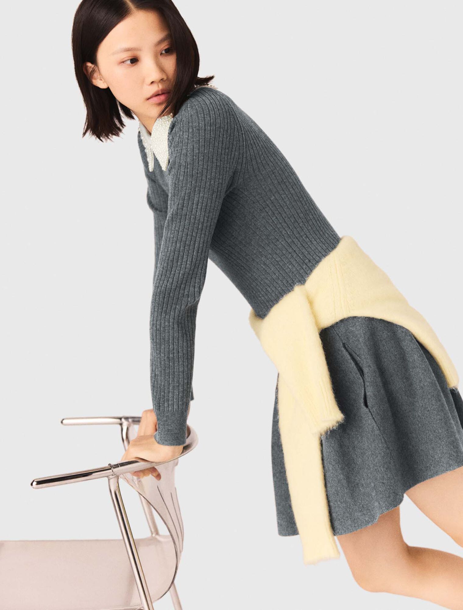 Beaded-collar short knit dress