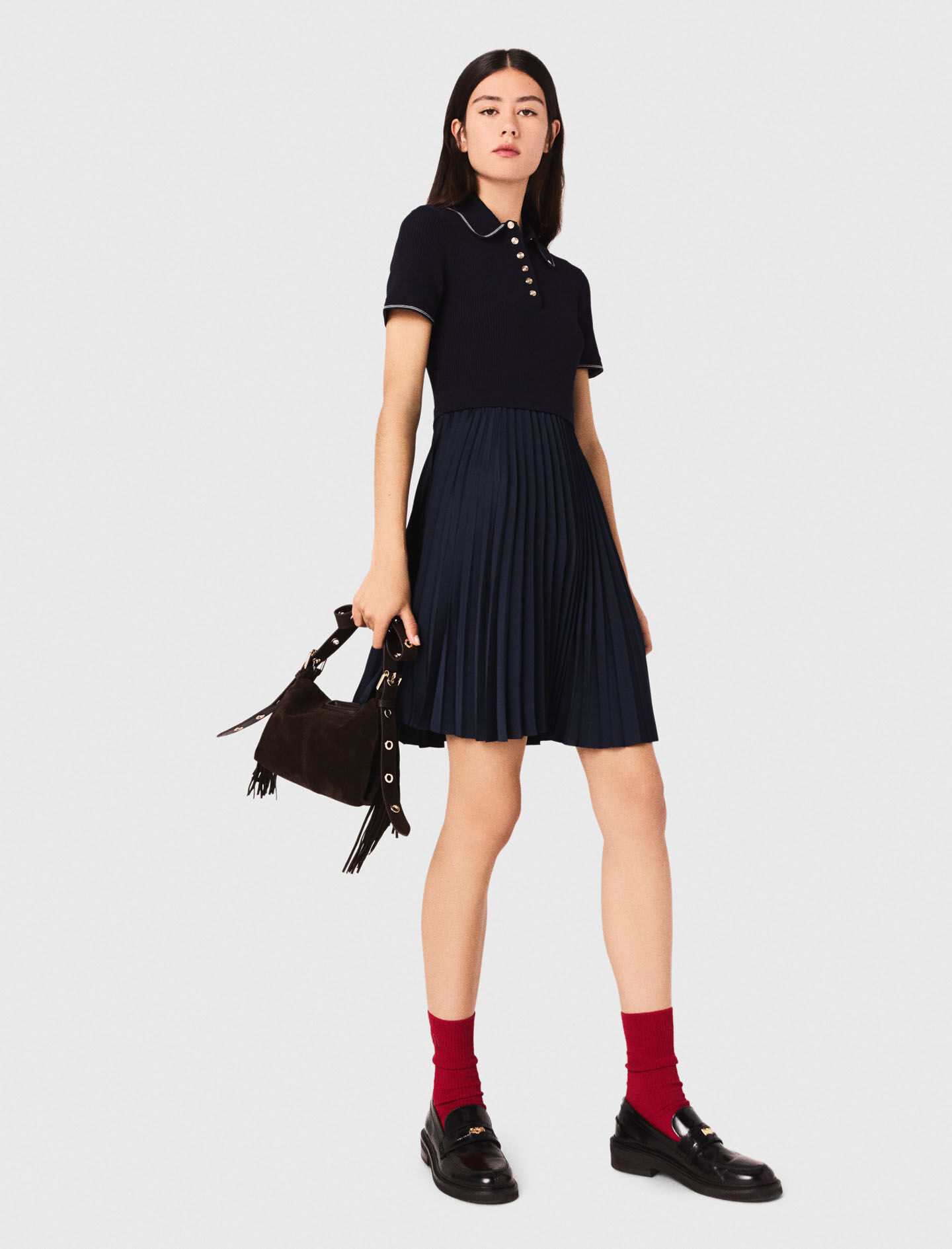 Short pleated polo collar dress Blue for Women | Maje