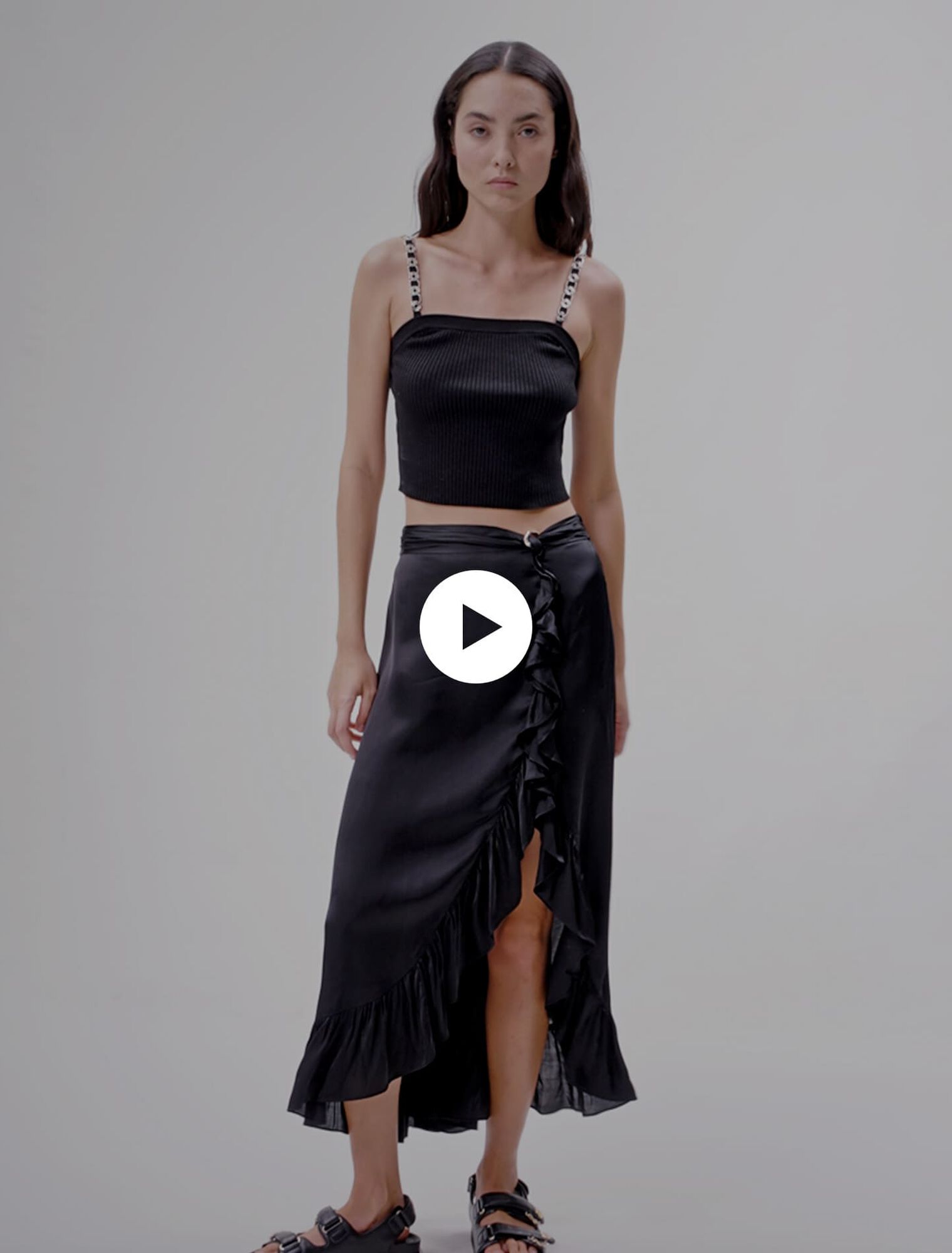Long satin-effect ruffled skirt