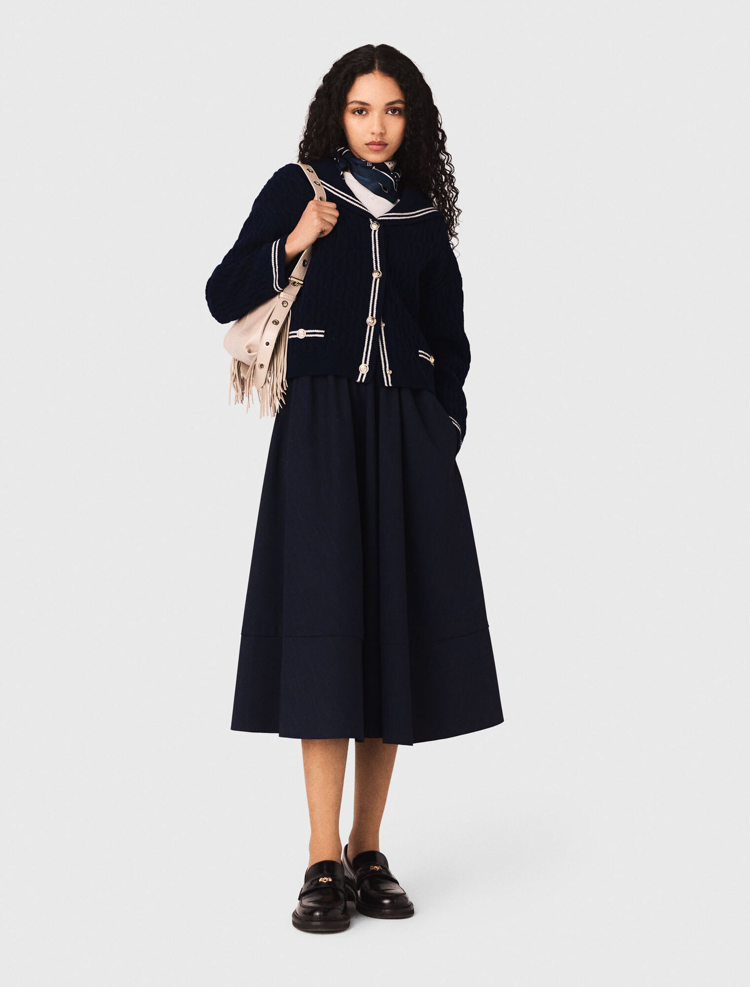 Striped tailored midi skirt