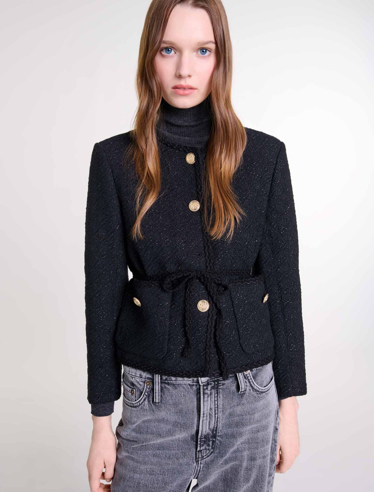 Straight-cut shiny tweed jacket