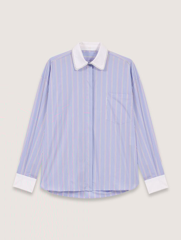 Maje Striped Shirt With Beaded Collar In Light Blue Stripes