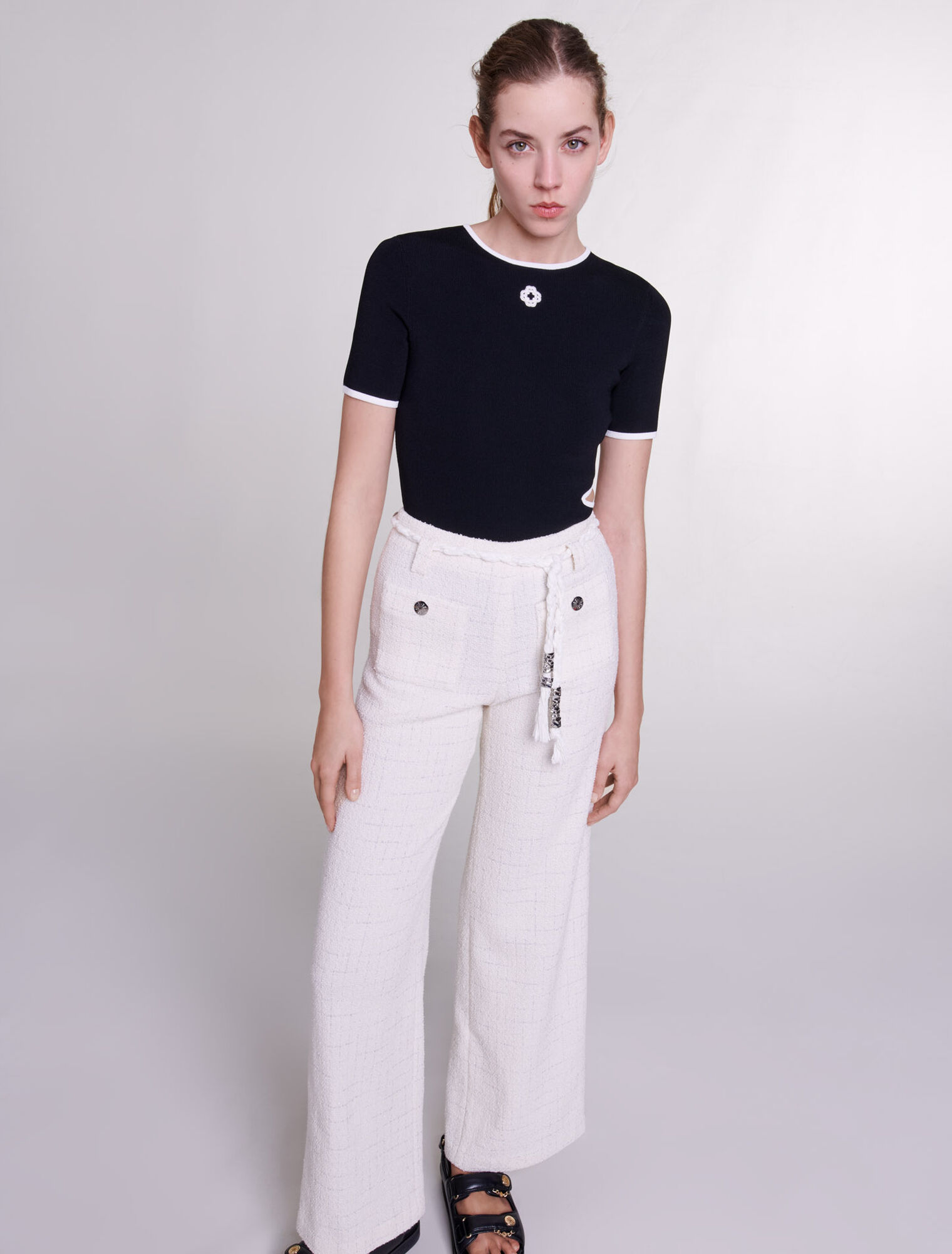 Metallic thread tweed trousers
