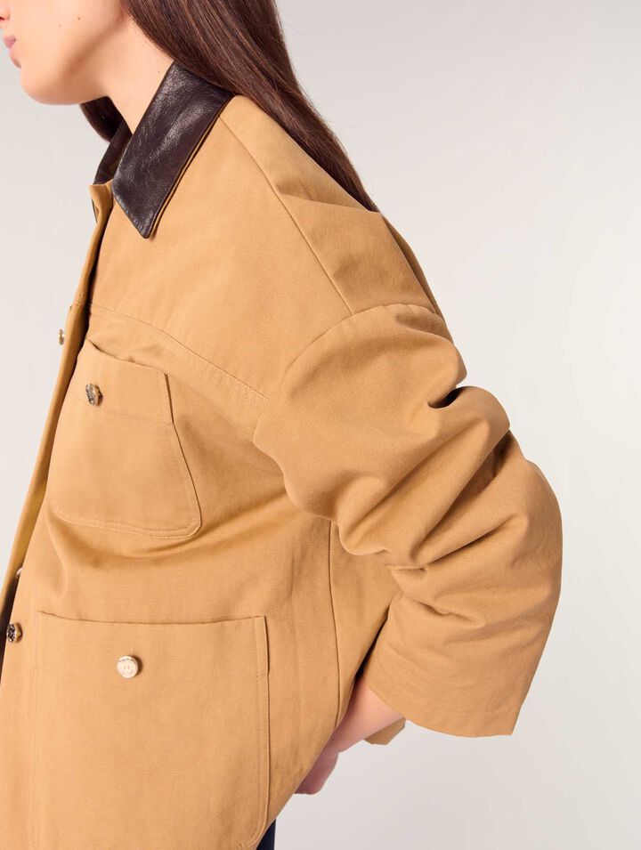 Cotton coat with leather collar