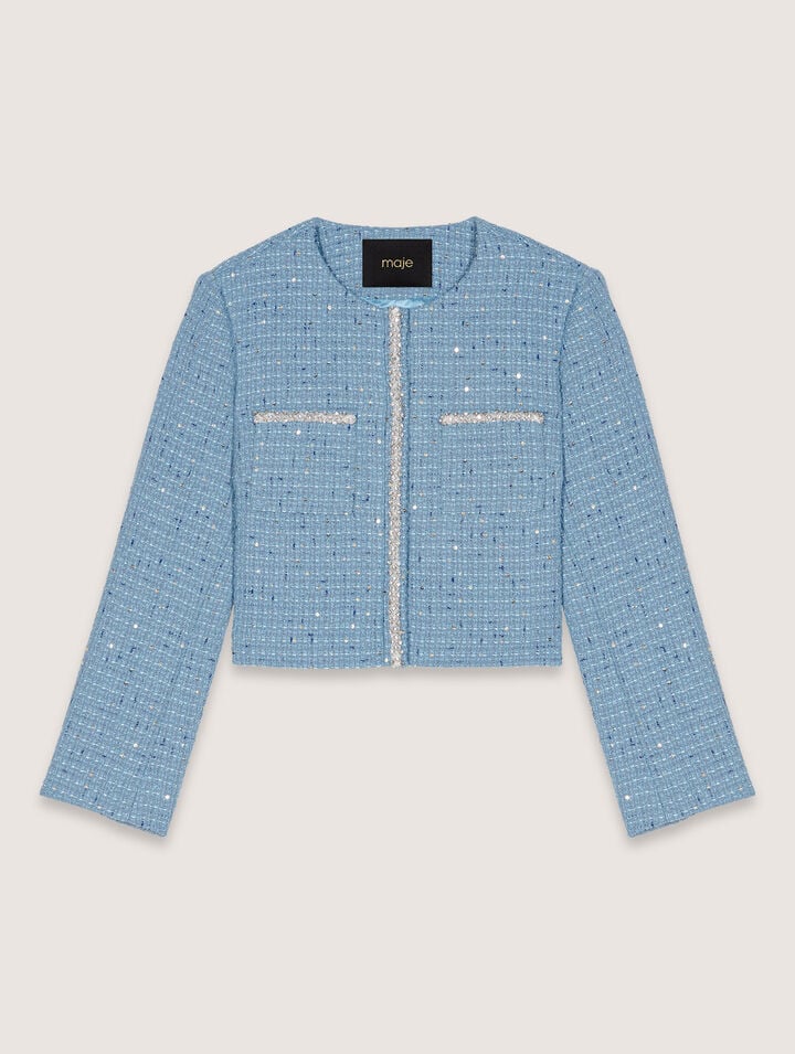 Maje Tweed Jacket In Blue