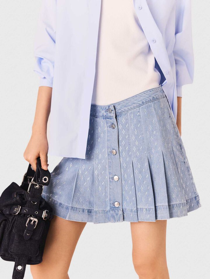 Rhinestone pleated denim skirt