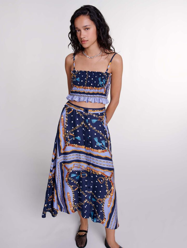 Satin-effect patterned short skirt 