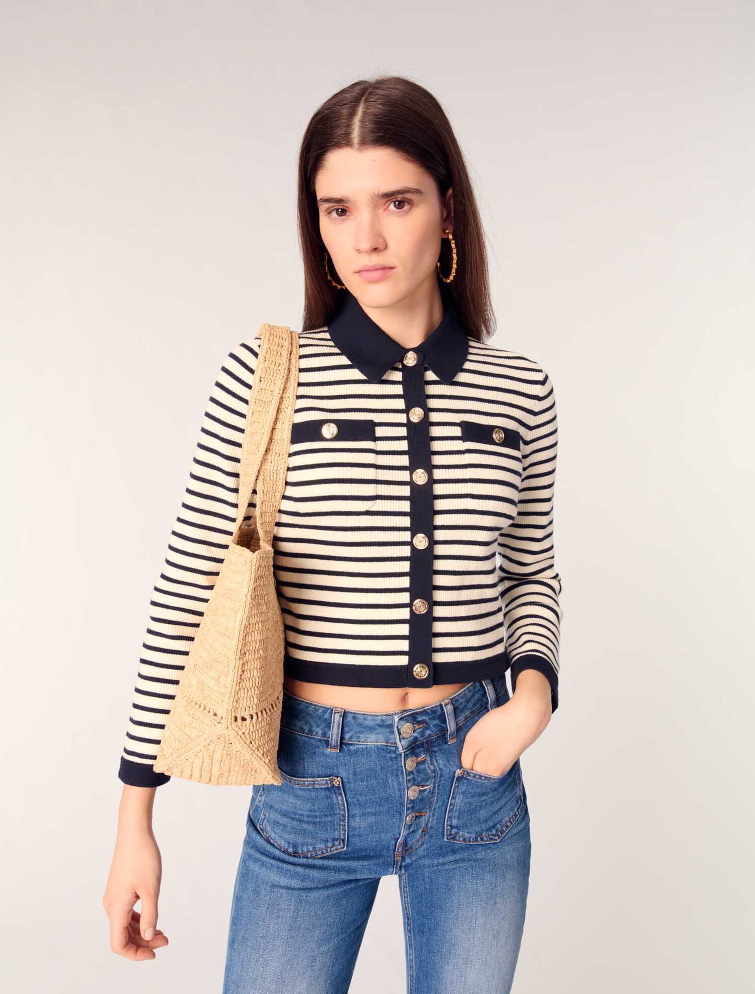 Cropped rib knit cardigan