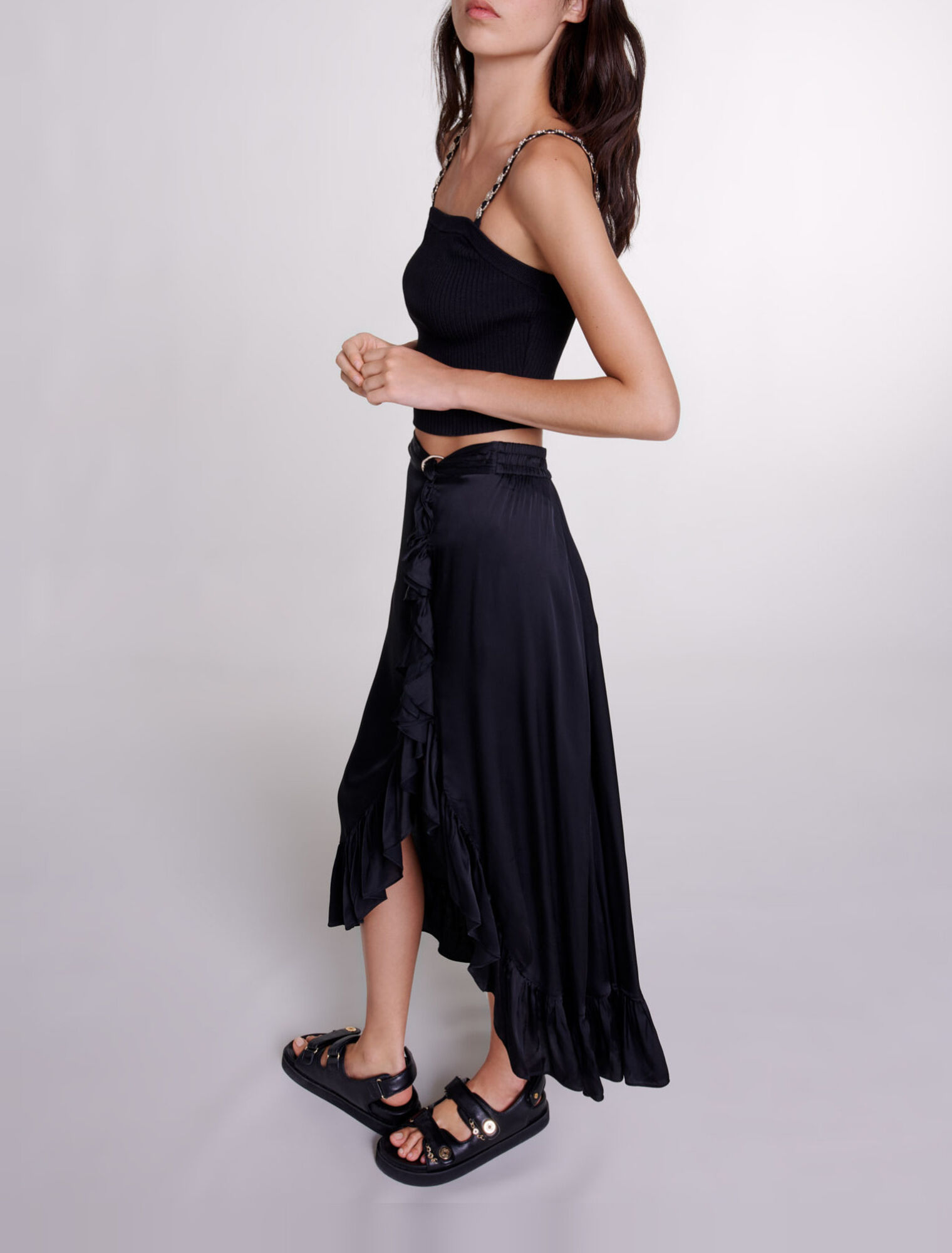 Long satin-effect ruffled skirt