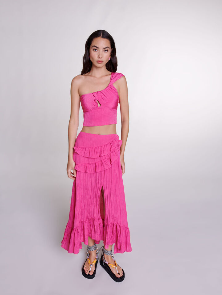 Long satin-effect crinkle skirt
