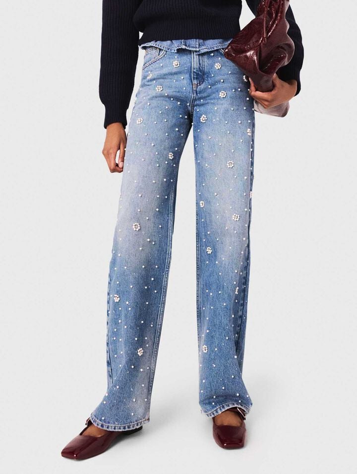 Wide-leg embroidered jeans