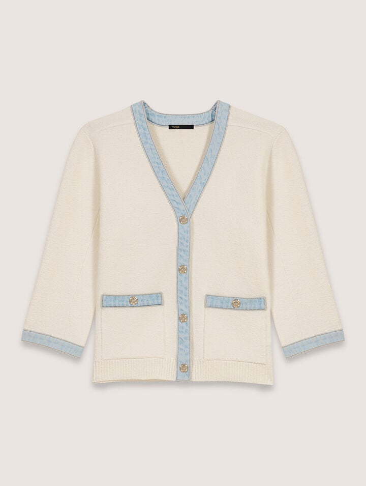 Maje Long Cardigan With Denim Details In Ecru