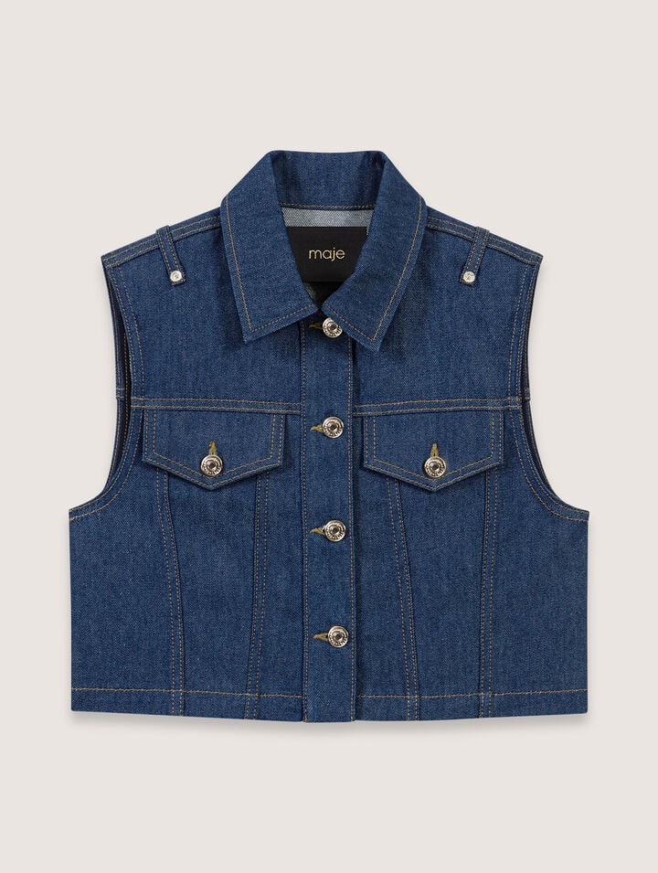 Maje Denim Cropped Jacket In Navy
