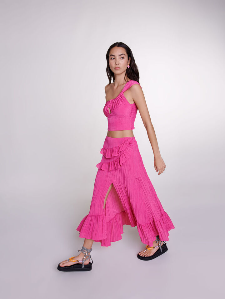 Long satin-effect crinkle skirt