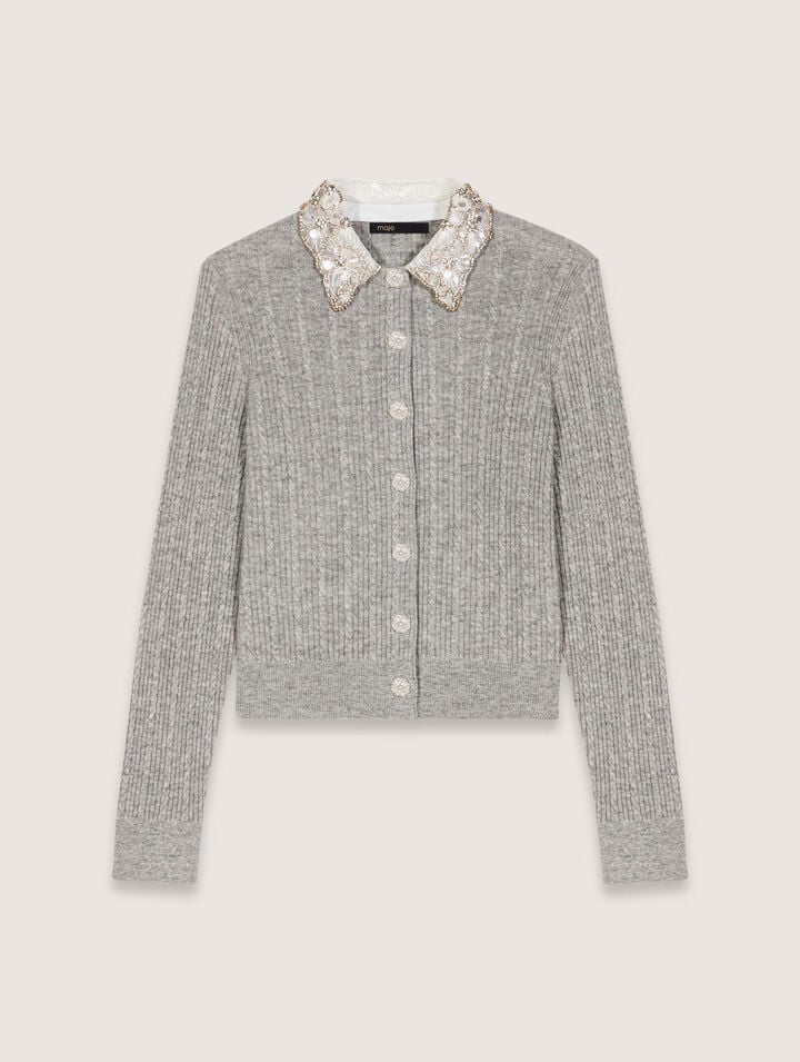 Maje Cardigan With Jewellery Collar In Grey